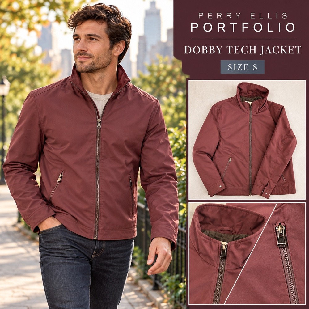 Perry Ellis Portfolio Dobby Tech Jacket Mens Small Burgundy Full Zip Quilted